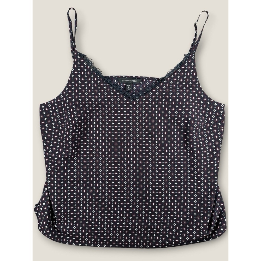 Banana Republic Cami Top Large Petite Black Geometric Lace Trim Camisole Tank